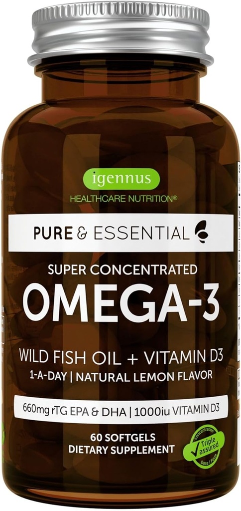 Igennus Advanced rTG Omega-3 IFOS Sertificēta savvaļas zivju eļļa un D3 vitamīns, 1-a-diena, taukskābes, EPA un DHA, ātri iedarbojošos triglicerīdu forma, Ultra Pure & Non-GMO, 60 Softgels
