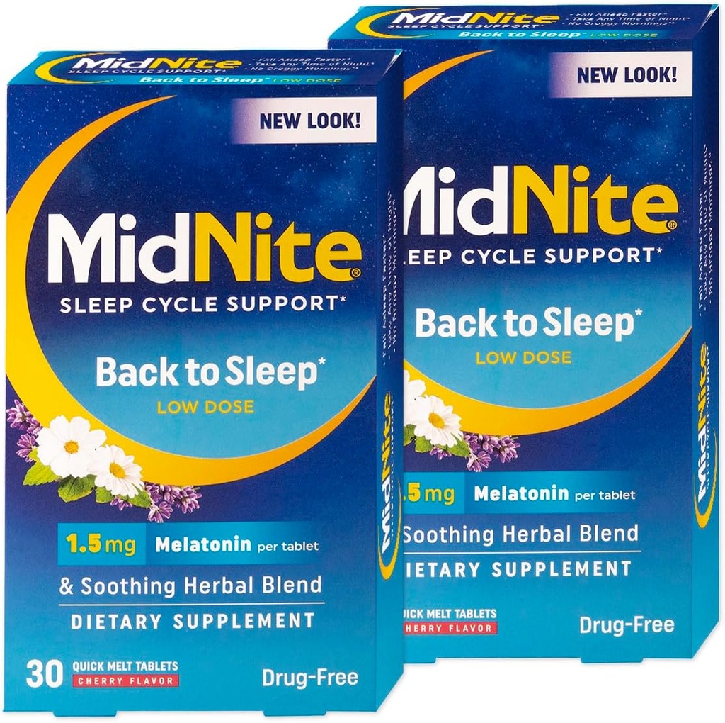 MidNite Back to Sleep nizek odmerek, 1,5 mg melatonin pomoč za spanje, nenaseljeno oblikovanje, zeliščni prehranski dodatek za odrasle, brez zdravil, brez glutena, brez laktoze, vegetarijansko, vegansko, 30 tablet Quick Melt 2 ct