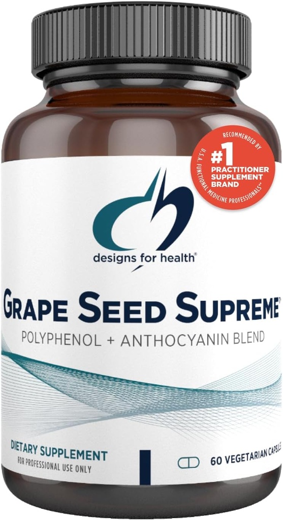 Designs for Health Grape Seed Supreme - 200mg Suplemento de extracto de uva con pel de uva + graxa de mosco - non-GMO Polyphenol + Anthocianin Antioxidant Blend (60 cápsulas)