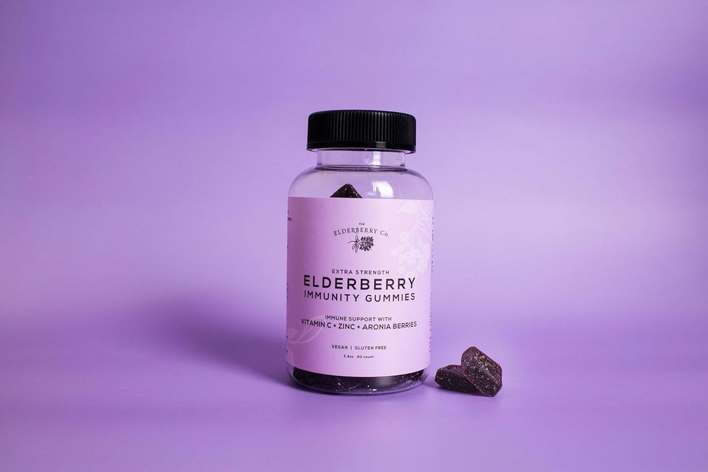 Elderberry Co. Extra Strength Elderberry Gummies + Aronia Marjat vitamiineja C, D, E ja Sinkki kaikki luonnolliset immuuni tukea, Ei keinotekoisia ainesosia (60 kreivi)