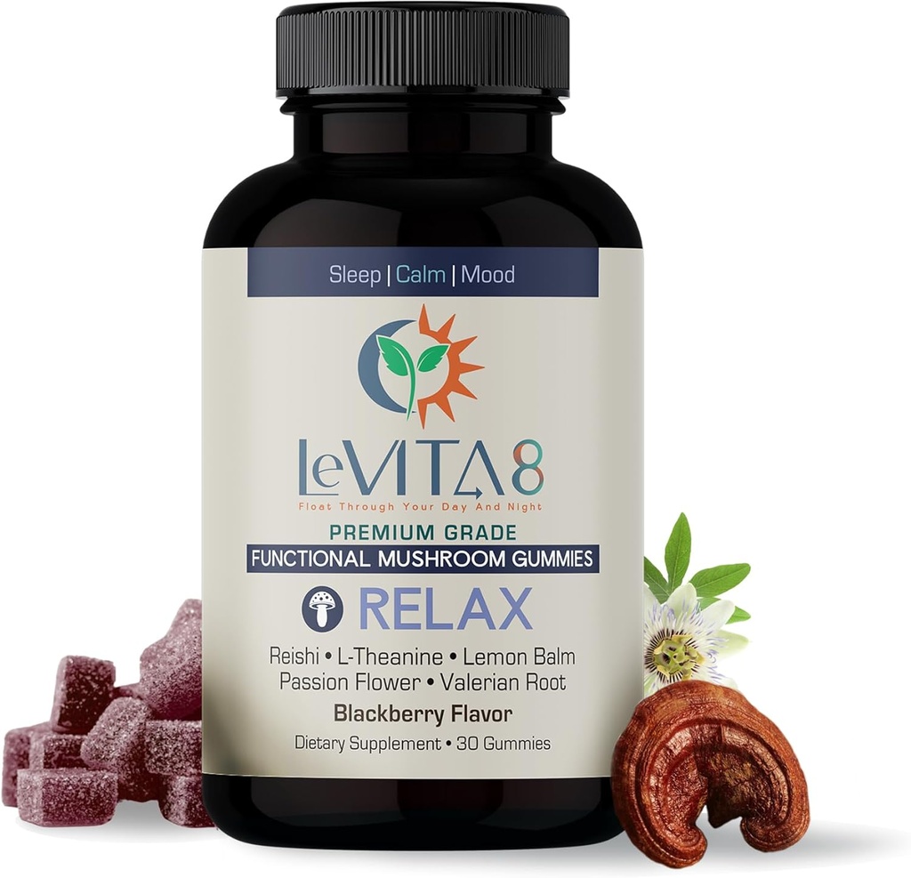 LeVITA8 Premium Reishi Mushroom Sleep Gummies - 100% Натуральний BlackBerry Flavor - Promotes Calm & Mood Balance для глибокого сну - 1 місяць постачання для природного сну Aid Melatonin-Free