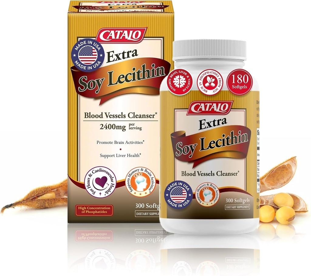 CATALO Extra Soy Lecithin Capsules – Blood Vessel Health, Brain Function, and Liver Wellness – Soy Lecithin Supplement for Adults, 300 Softgels