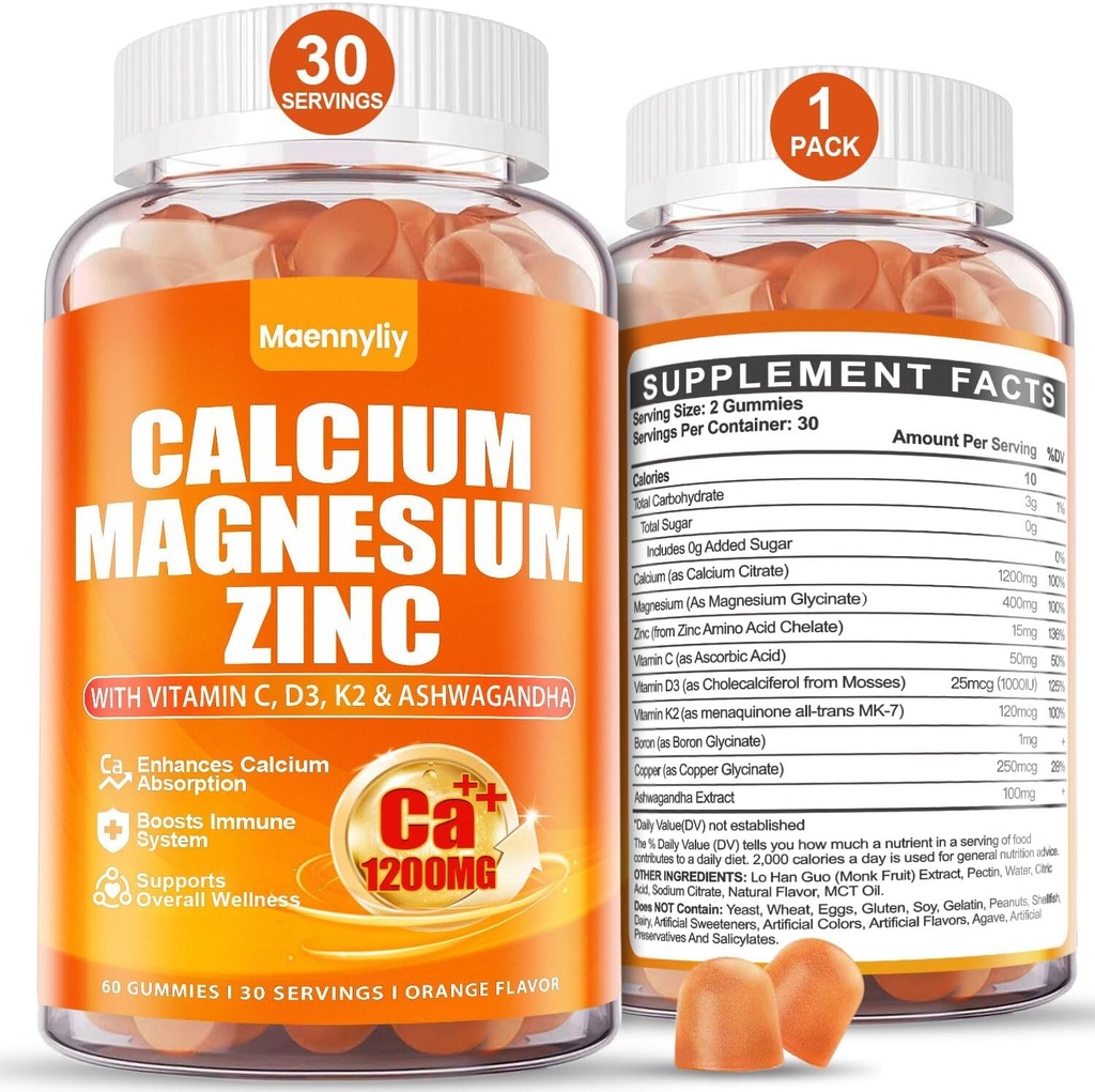 Calcium 1200 מ"ג עם ויטמין D3 חניכיים למבוגרים - Calcium Citrate עם ויטמין D3 K2, Magnesium, Zinc, Boron, Copper ו Ashwagandha - תוספת Absorption Calcium עבור נשים גברים
