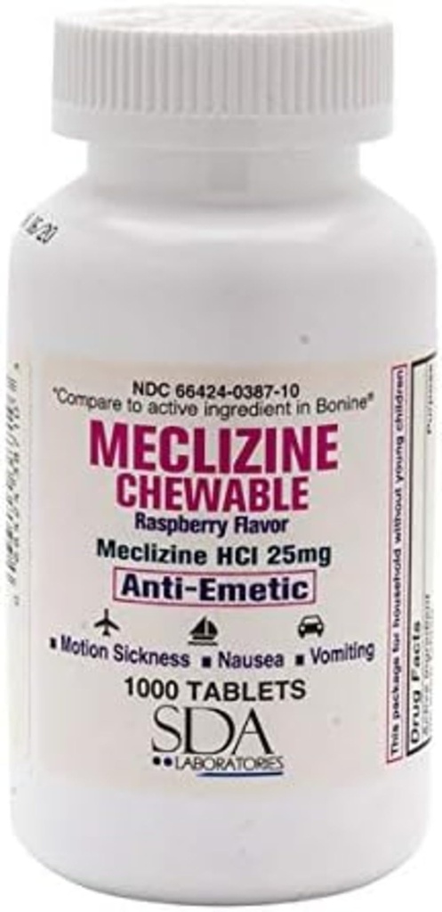 SDA LABORATORIES Meclizine Chewable Tablets, 25mg, Anti-Emetic, Raspberry Flavor, Motion Sickness & Vertigo Relief for Nausea, Dizziness, and Vomiting, 1000 Count (1 Pack)
