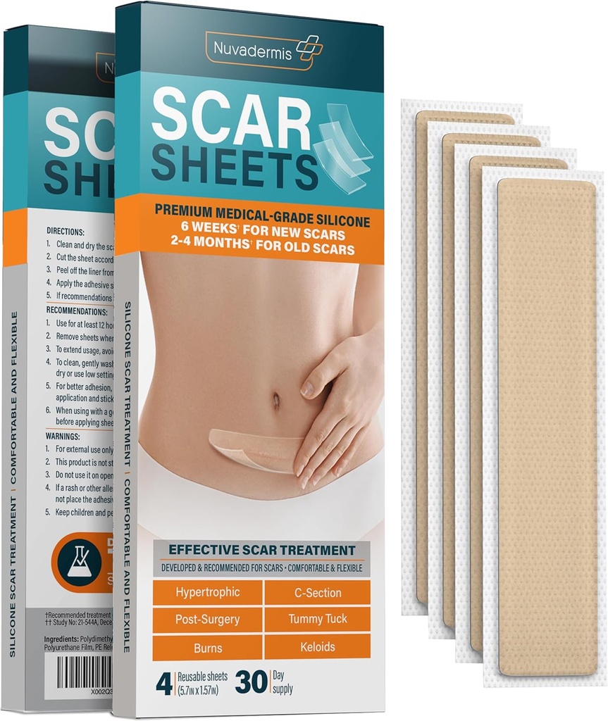 NUVADERMIS Silicone Scar Sheets - Extra Long Scar Sheets für C-Section, Tummy Tuck, Keloid und Chirurgische Narben - Wiederverwendbare medizinische Grade Silikon Narbenblätter - Pack von 4 - Light Tone