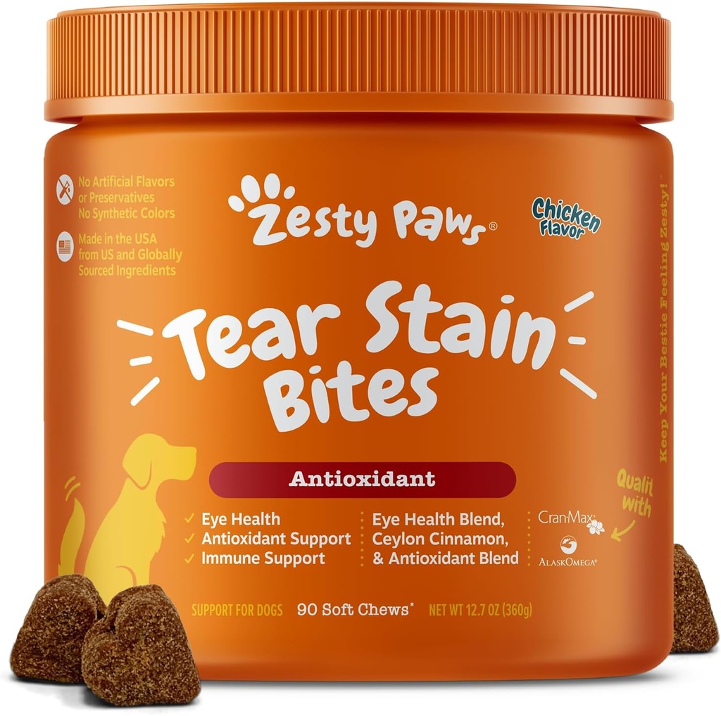 Zesty Paws Tear Stain dəstəklər üçün Soft Chews - Eye Moisture + Vision & Immune Support - Balıq Yağı, Lutein, Cranberry və Vitamin C - Chicken Flavor - 90 ct