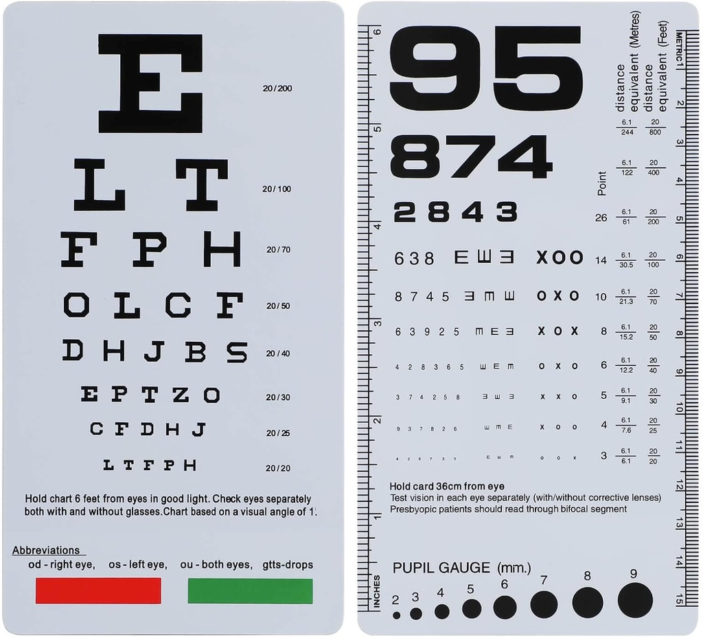 NOYOC 2 Pack Pocket Eye Chart, 2 in 1 Snellen & Rosenbaum Chart, 6.5x3.5 Zoll, Handheld Double Sided Plastic Low Vision Card für Augenauszüge (2 Pack 6 Feet)