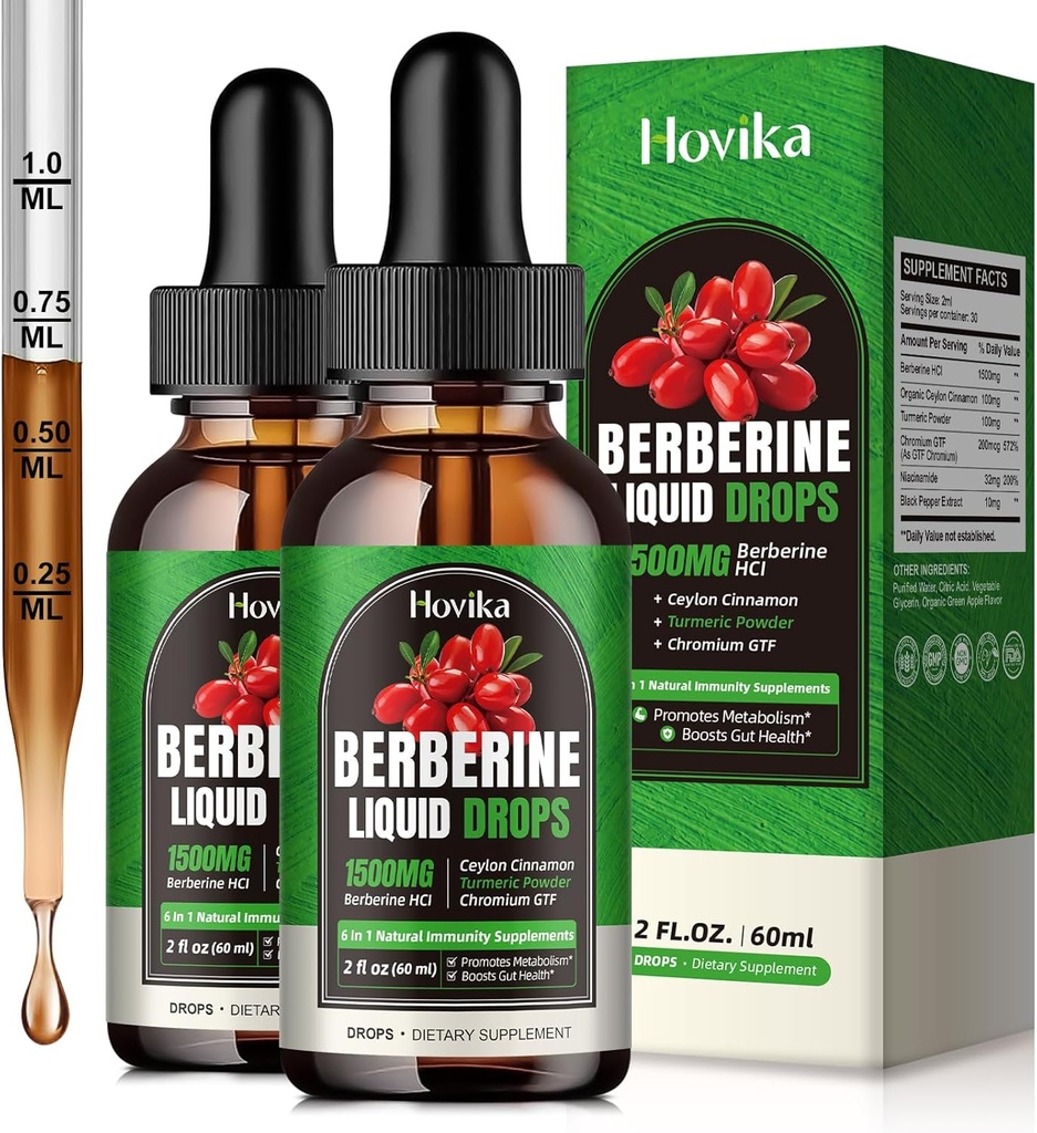 (2 Pack) Berberine HCL Liquid Drops - 1500 mg Berberine Addition with Ceylon Cinnamine, Chromium, Turmeric, Niakinamide - Подпомага метаболизма и имунната система, Gut Health Vegen