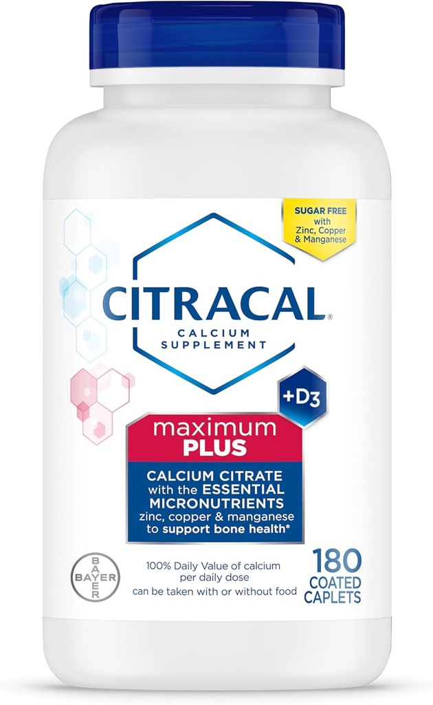 Citracal Maximum Plus, 650 mg Calcium Citrate, erraz xurgatu eta oso disolbagarria 25 mcg (1000 IU) bitamina D3, Bone Health Support, Calcium Supplement 12+, 180 Count (Maiatzaren Vary)