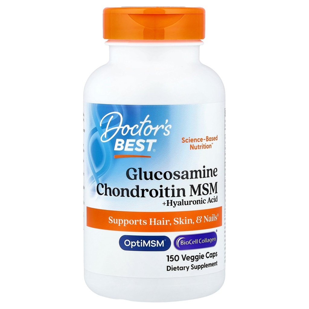 Doctor's Best Glucosamine Chondroitin MSM + Hyaluronic Acid with OptiMSM Featuring Biocell Collagen, Joint Support, Non-GMO, Gluten & Soy Free, 150 Caps