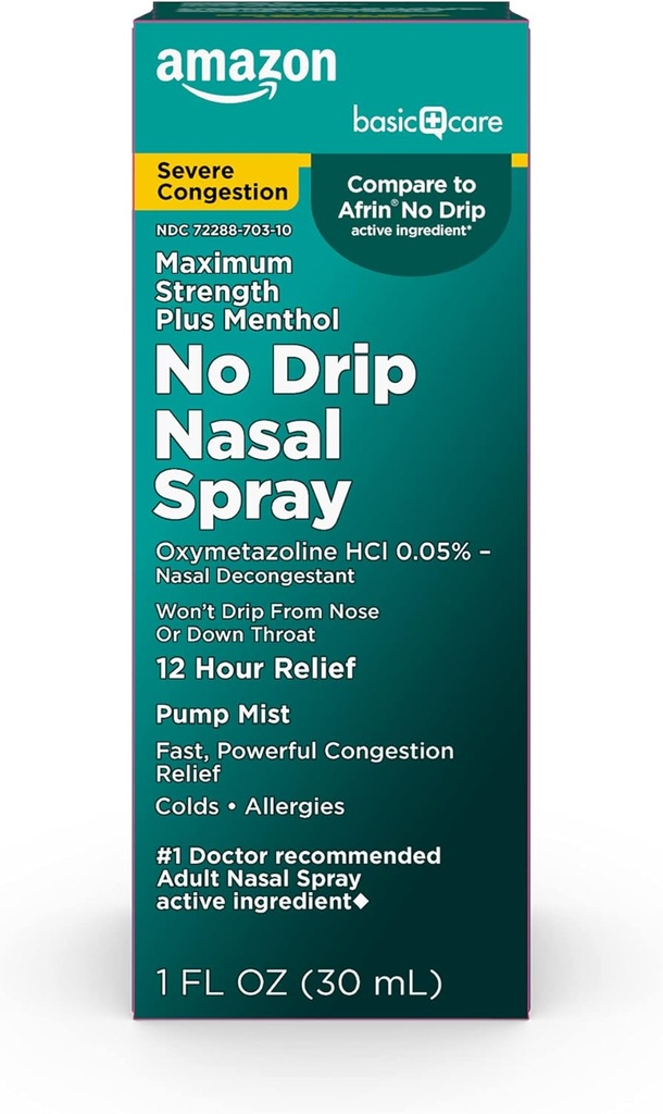 Coidado básico Non Drip Grave 12 Hora Naal Decongestant Pump Mist, Esteroide Libre, Máximo Forza Plus Menthol 1 fl oz (Pack of 1)