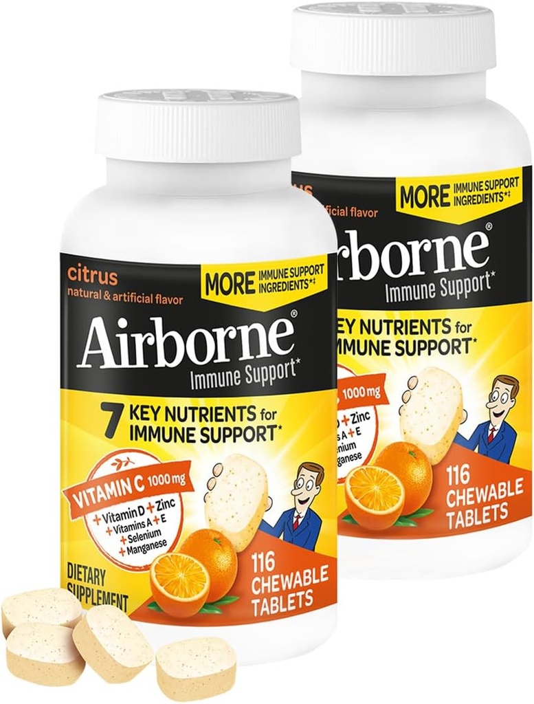 Airborne 1000 mg C + çinko Immune Support Supplement Chewable Tabletler, Citrus Flavor Güçlü Antioksis A C & E, 116 Chewable Tabletler (2 Pack)