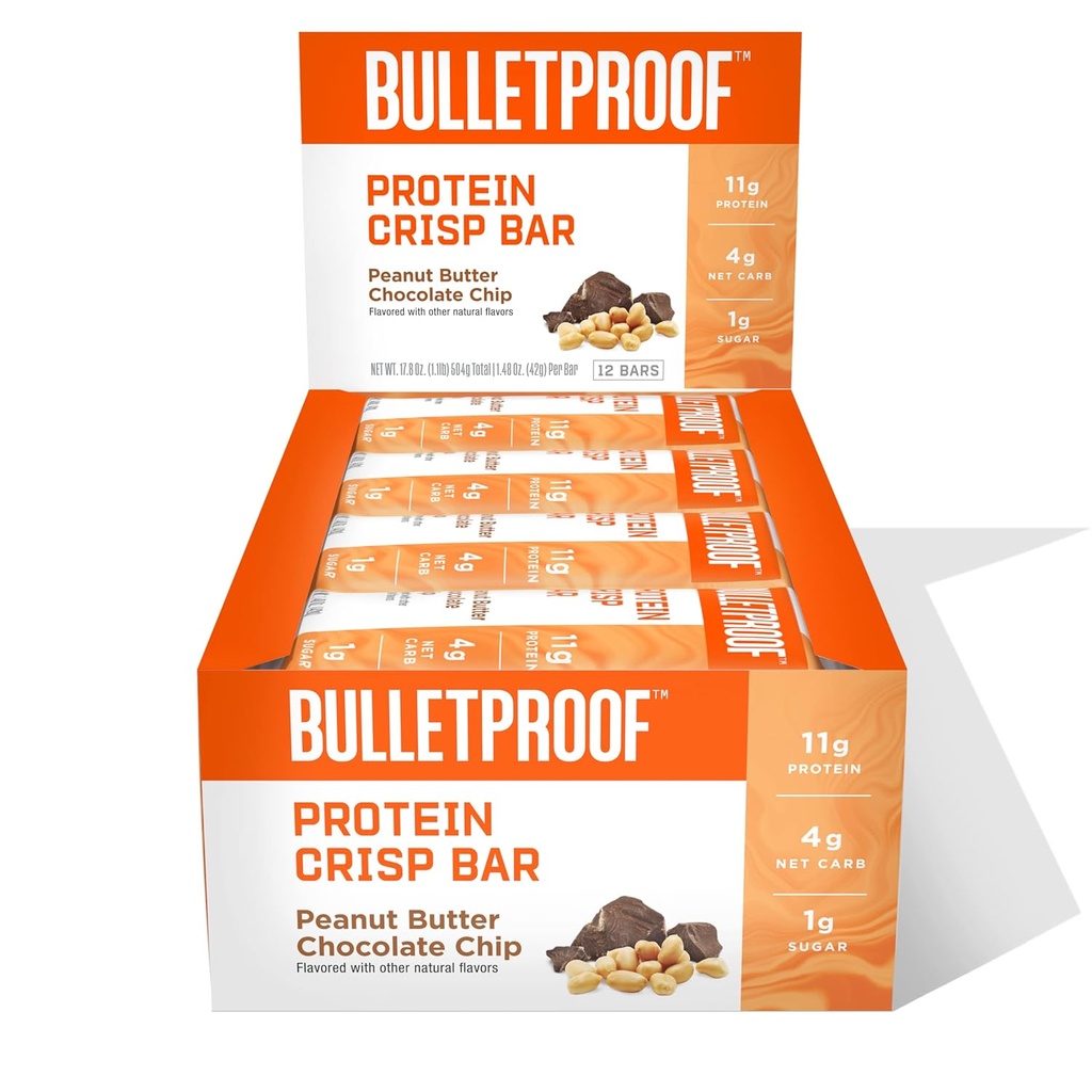 Proteína a proba de balas Crisp Bars, Chip de chocolate manteiga de cacahuete, 12 Pack, alta proteína, baixo azucre