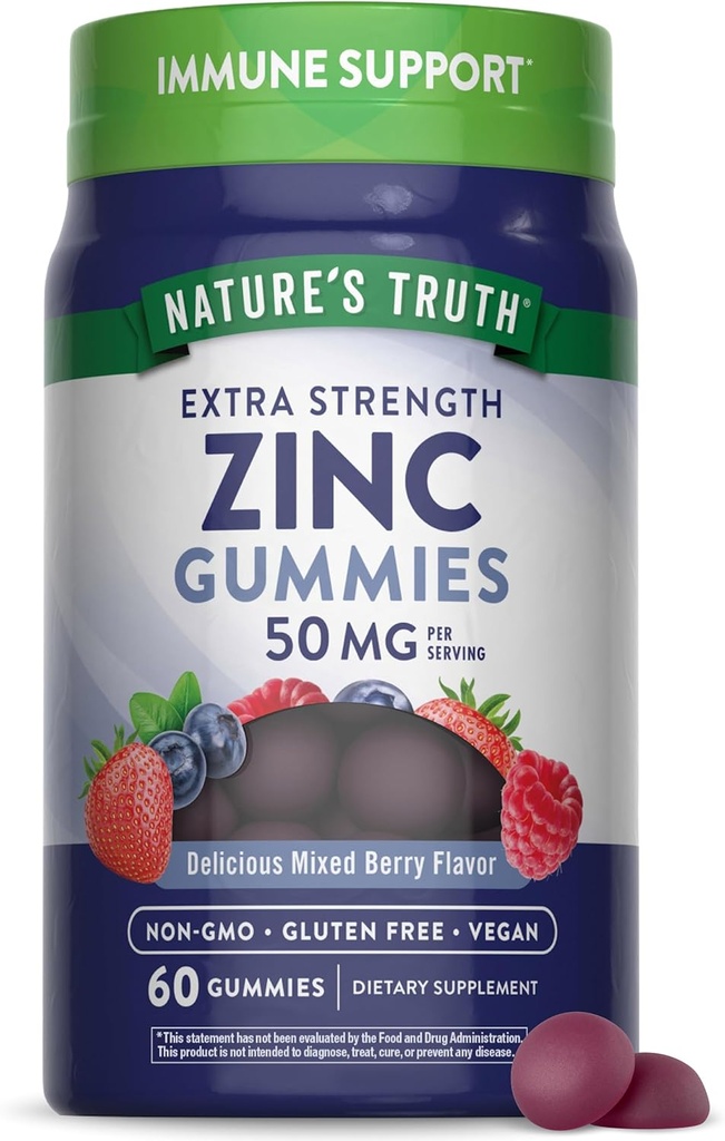 Nature's Truth çinko Gummies for Yetişkinler | 50 mg | 60 Kont | Vegan, Non-GMO & Gluten Free Extra Strength Supplement | karma Berry Flavor