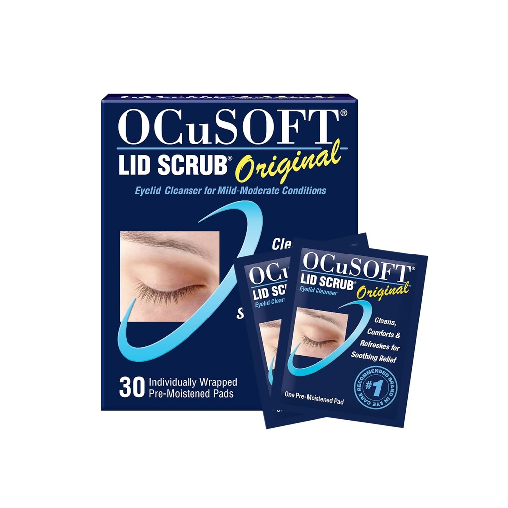 OCUSOFT Lid Scrub Original Eyelid Cleanser - Predvlažilni robčki za blage do zmerne razmere - Čistilec oči za čiščenje, udobje in razdražljive oči - 30 Štetje