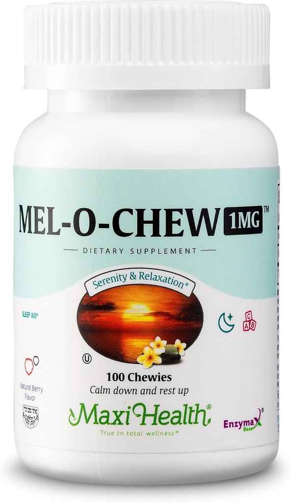 Maxi Health Melatonin 1mg Chewable - Sleep aid Melatonin to Encourage Natural Sleep – Non-Habit Forming Supplement with Enzymax for Fast-Acting Support Kosher (100 Units, 2-Pack)