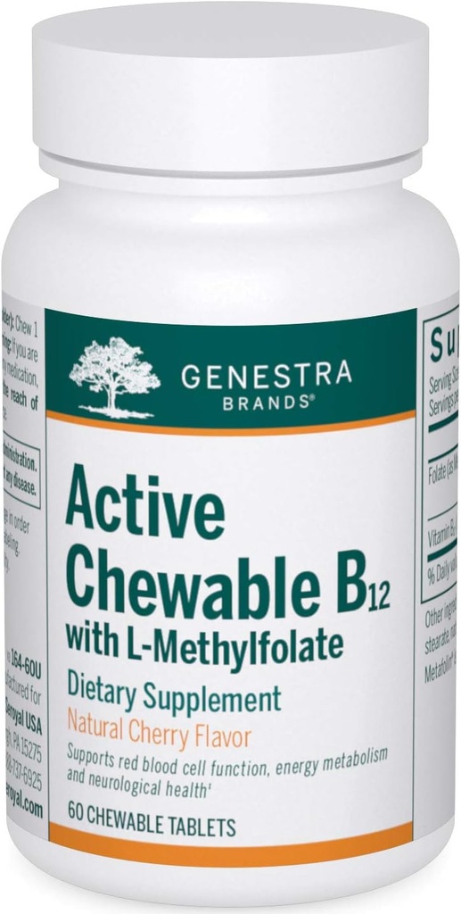 Genestra Brands Active Chewable B12 med L-Methylfolate | Chewable Vitamin B12 och Folate Supplement | 60 Chewable Tablets | Natural Cherry Flavor