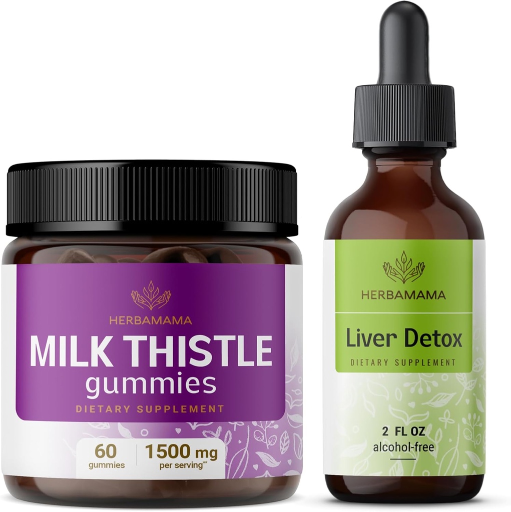 HerBAMAMA חלב Thistle ו- Liver Support Complex Kit - Bundle of Milk Thistle Gummies & Liver Detox Complex 4 fl oz - טבעוני, Non-GMO, אלכוהול-חינם - 2 Pack