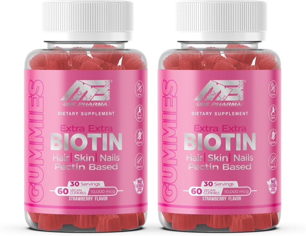 MB One Biotin Gummies-High Potency-Healthy Hair, Skin and Nails Fortalecemento, Vitamina B7, (10000 Mcg) Non-GMO, Planta de Pectin baseada, para nenos e adultos, Strawberry Natural Flavor 2 Pack