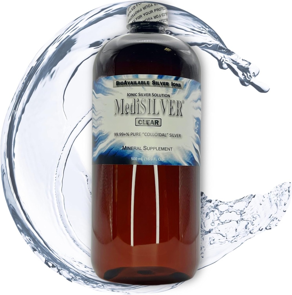 MediSILVER Clear True Free Ionic Colloid Silver Diétakiegészítés - 500 ml (16.9 Fl Oz) Amber BPA- mentes műanyag palackban