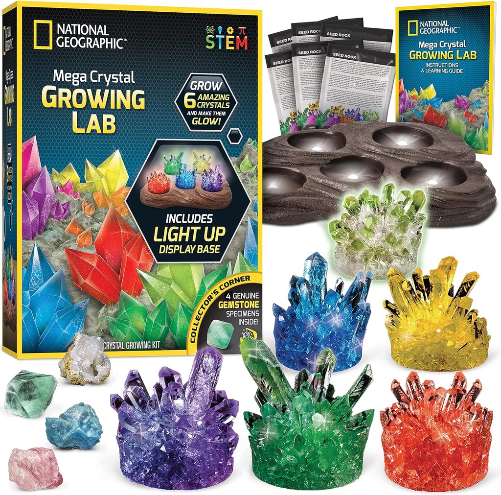 National Geographic Mega Crystal Growing Kit - Crescer 6 cristais com suporte de luz, presentes de ciência para crianças 8-12