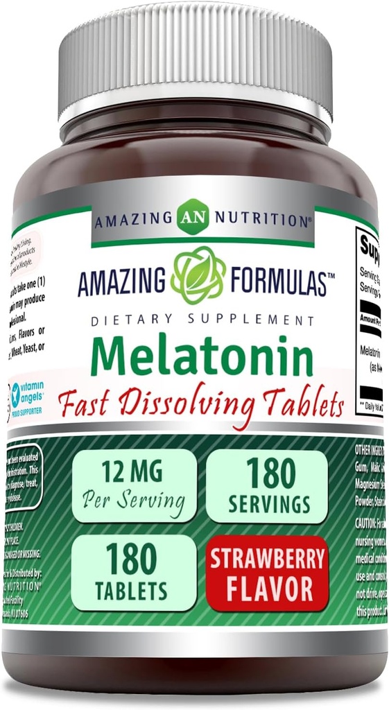 Incredibile Formulas Melatonin 12 mg Per Serving Compresse Supplemento | Non OGM | Gluten Free | Made in USA (180 | Fragola)
