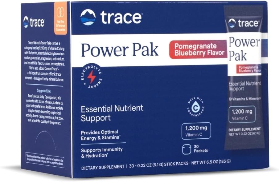 Trace Minerals Power Pak Multivitamin and Multimineral Packets - Electrolyte Support - 1200 mg Vitamin C Plus 70 Pomegranate Blueberry Flavor - 30 Packets