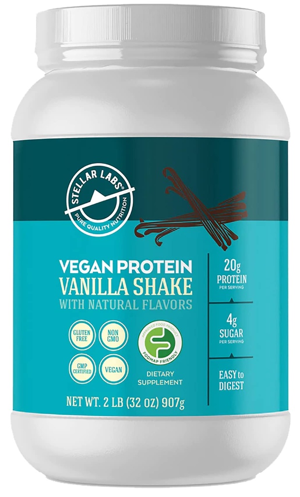 Stellar Labs Vegan Protein Powder with BCAA's & Antioxidants | Certified Low FODMAP, Non GMO, Gluten Free, Soy Free, Low Carb, with Stevia | Lean Plant Based Protein Powder Shakes | Vanilla
