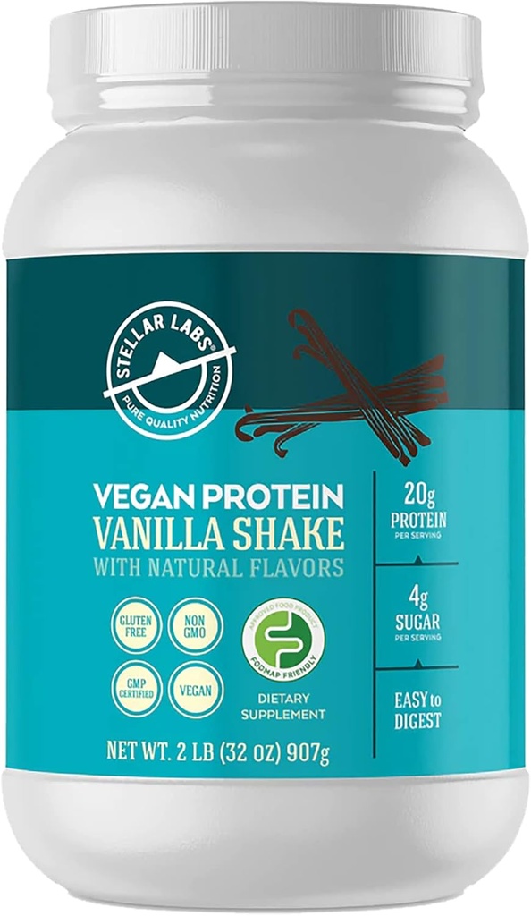 Stellar Labs Vegan Protein Pulver mit BCAA & Antioxidantien | Zertifiziert Low FODMAP, Non GMO, Glutenfrei, Sojafrei, Low Carb, mit Stevia | Lean Plant Based Protein Powder Shakes | Vanilla
