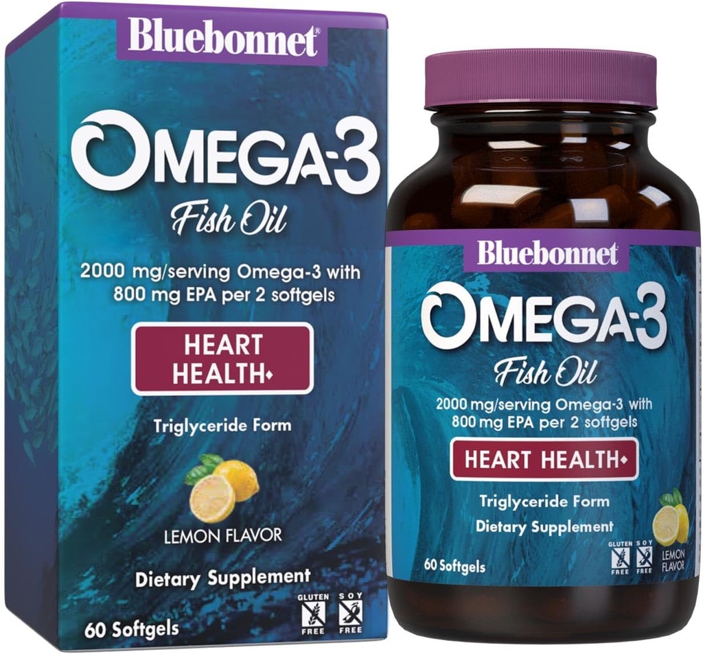 Bluebonnet Nutriție Omega-3 Heart Formula Natural Wild Prins Trigliceride Forma DHA 600 mg EPA 800 mg - Suplimentul extrem de concentrat de asistență pentru inima - Gluten-Free - 60 Softgel