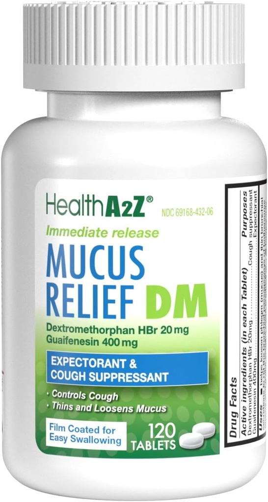 HealthA2Z® Mucus Relief DM (Dextromethorphan HBr 20mg) Guaifenesin 400mg (No Benzene), Tosse, Libertação Imediata, Não Revestido (120 Count (Pacote de 1))