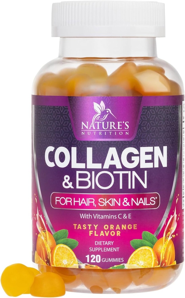 Collagen Gummies med 2500mcg Biotin, Vitamin C & Zink - Hydrolyserad Collagen Peptide Typ 1 & 3 Supplement - Avancerat hår, hud och nageltillväxt Stöd för kvinnor och män, Gluten Free, Non-GMO - 120 Count