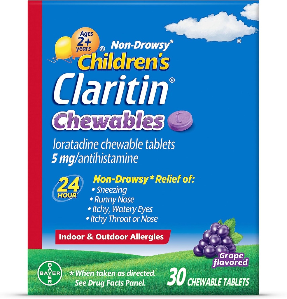 Детский Claritin Chewables 24 Hour Allergy Relief, Non Drowsy Kids Allergy Medicine, Grape Antihistamine Chewable Tablets, 30 Count
