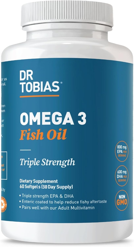Dr. Tobias Omega 3 ulei de pește, 2000mg Putere triplă cu 800mg EPA 600mg DHA per servire, ulei de pește Omega 3 Suplimente pentru inima, Brain & Suport imunitar, 60 Softgels, 30 Serviri