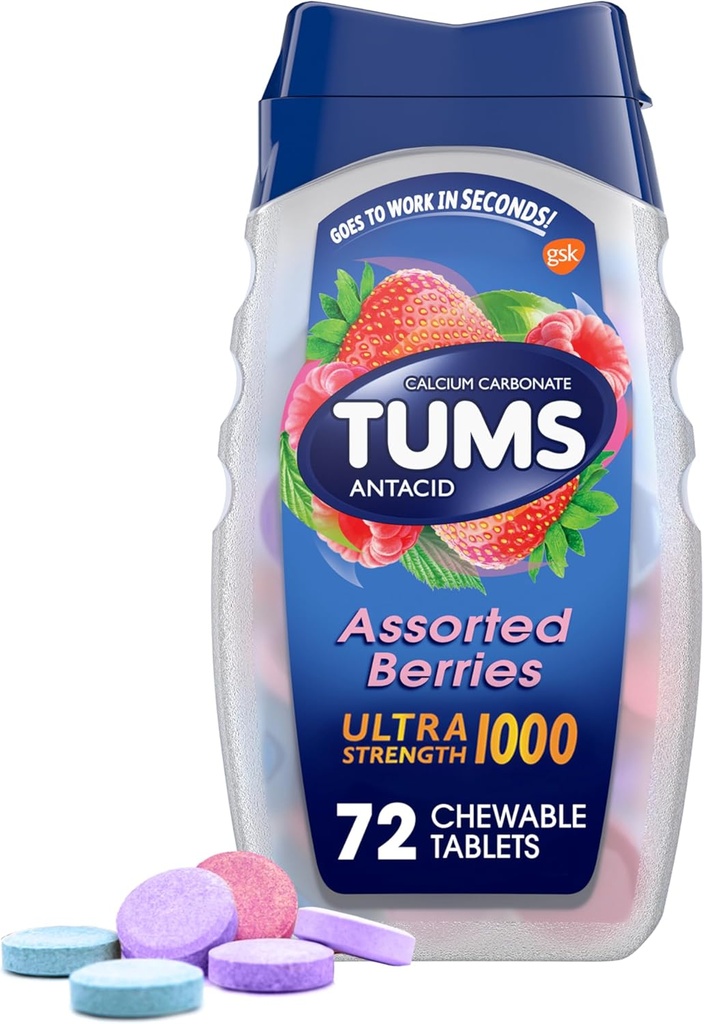 TUMS Ultra Strength Chewable Antacid Tablets for Heartburn Relief and Acid Indigestion Relief, Assorted Berries - 72 Count