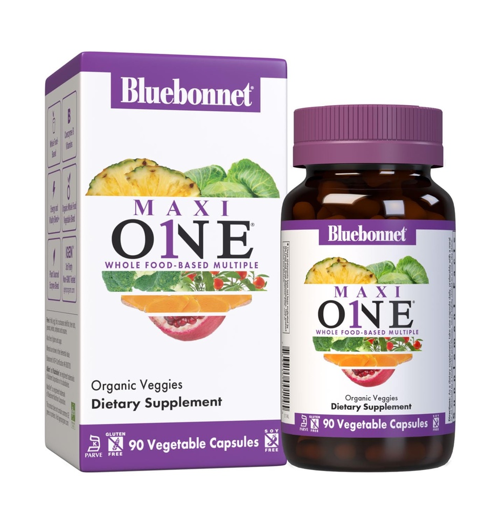 Bluebonnet Nutrition Maxi One (with Iron), Whole Food Multiple, Enzymes, Energy, Vitality, Gluten-Free, Kosher, Dairy-Free, Vegetarian Friendly, Soy-Free, Non-GMO, 90 Vegetable Capsule, 3 Month Supply, Beige