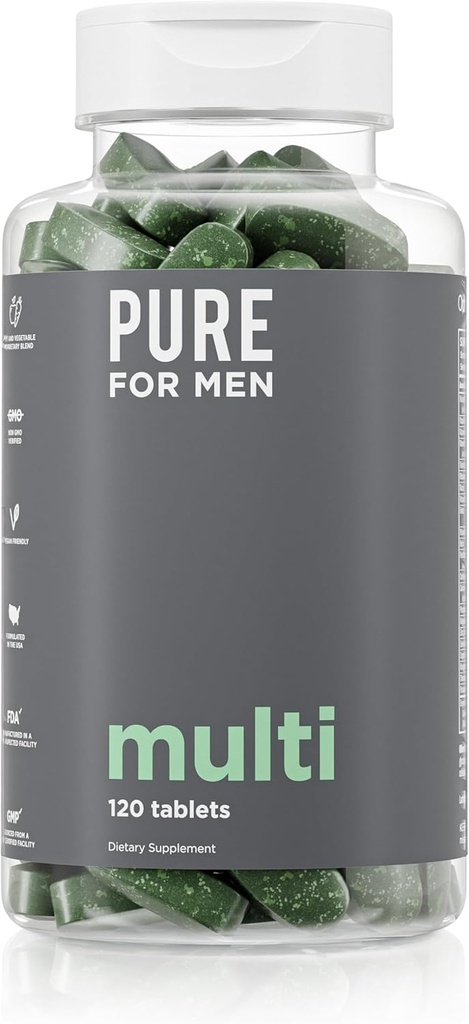 Pure for Men Multivitamin supplement , Energy, Mood Support, powerful Bones, Antioxidants, Minerals  for Vitamins A, B, C, D, Magnesium, Calcium , 42 Fruit " Vegetable Proprietary Blend | 120 Vegan Tablets