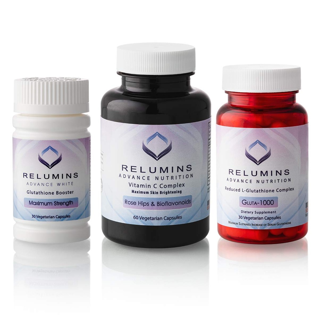 Relumins Advance Nutrition 3-Bottle Supplement Set – Gluta 1000 with Reduced L-Glutathione, Vitamin C MAX, Immune Function & Overall Wellness – Vegan, Halal, Kosher, cGMP Certified