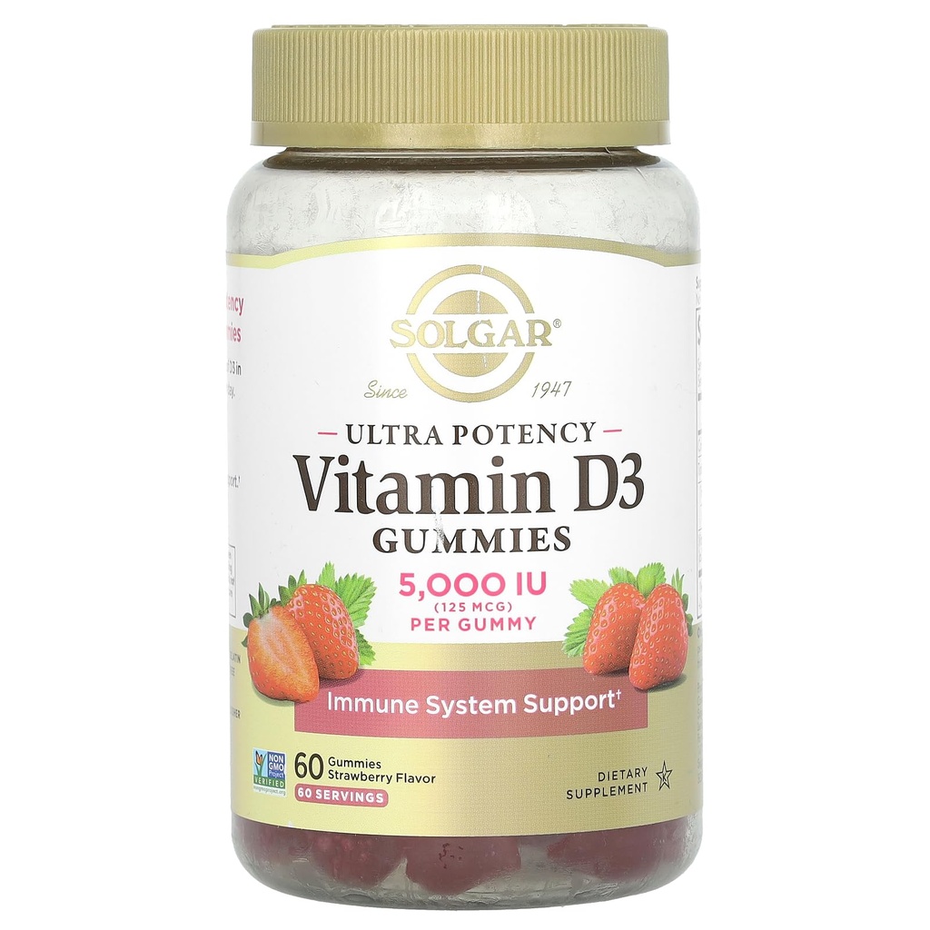 Solgar Vitamin D3 Gummies for Adults 5,000IU Ultra Potency Vitamin Immune System Support for Women & Men - Tasty Strawberry Flavor, Gluten & Gelatin Free Gummy, 2 Month Supply, 60 Servings, 2g Sugar