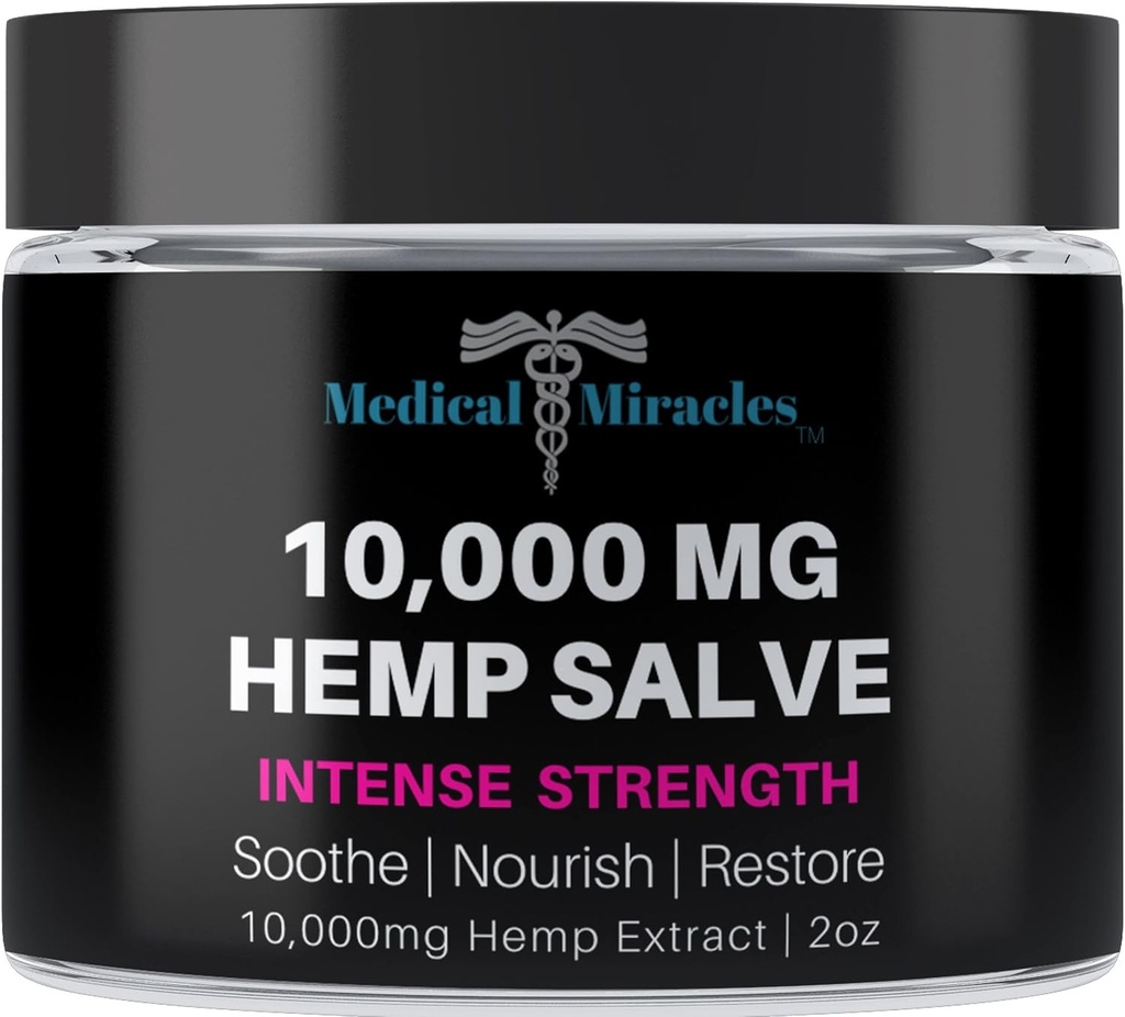 Phép màu y học là Hemp Salve Intense strength 10,000 MG. Lý tưởng cho HIPS, Inints, inchess, Back, Elbows, Ngón tay, bàn tay, và đầu gối. 100% được tạo ra tự nhiên ở Mỹ
