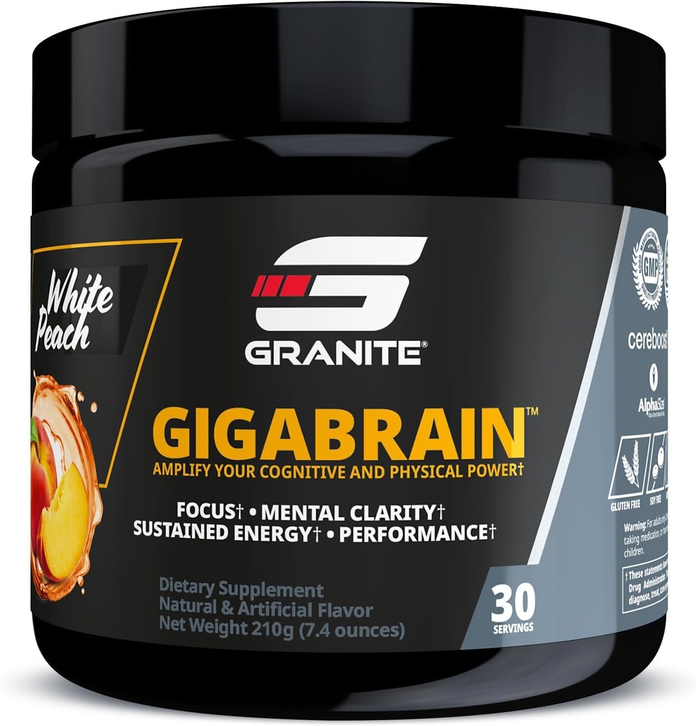 Granite Nutrition GigaBrain Nootropic Energy Powder - Cereboost, Alfa-GPC eta ElevATP - Foku kognitiboaren osagarria Energia eta Errendimendu Iraunkorrerako - White Peach, 30 zerbitzatu