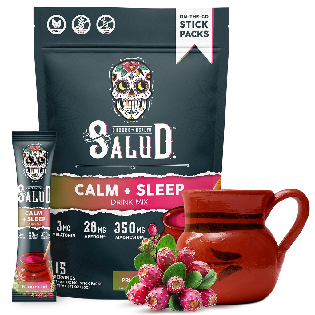 Salud 2-in-1 Sleep Aid + Calm Drink Mix, Prickly Pear | Melatonin, Magnesium, Saffron Extract, L-Theanine, Non-GMO, Gluten Free, Vegan, Low Calorie, 1g of Sugar (15 Servings)