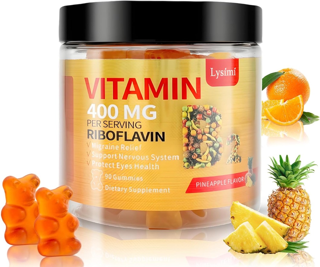 Vitamine B2 Gummies, Vitamine B2 Riboflavine Gummies 400mg met Magnesium & Coq10, Migraine Relief & Hoofdpijn Relief, voor kinderen & volwassenen, 90 Kauwbare Gummies (1)