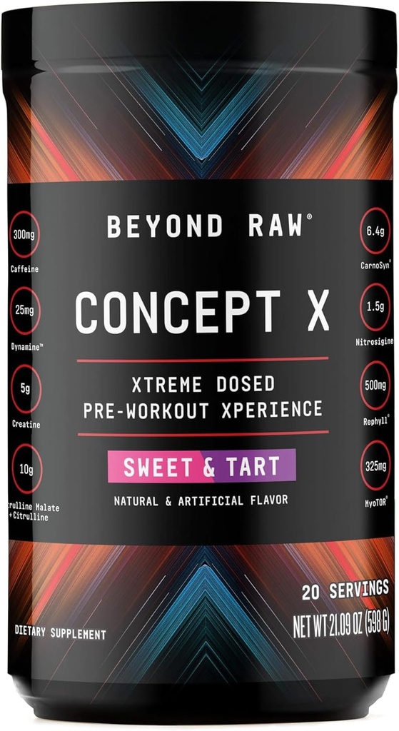 BEYOND RAW Concept X, 임상적으로 투약된 전 운동 분말, Caffeine, L-Citrulline, 크레아틴 및 베타 알라닌, 단 & 타트 풍미, 20의 서빙을 포함합니다