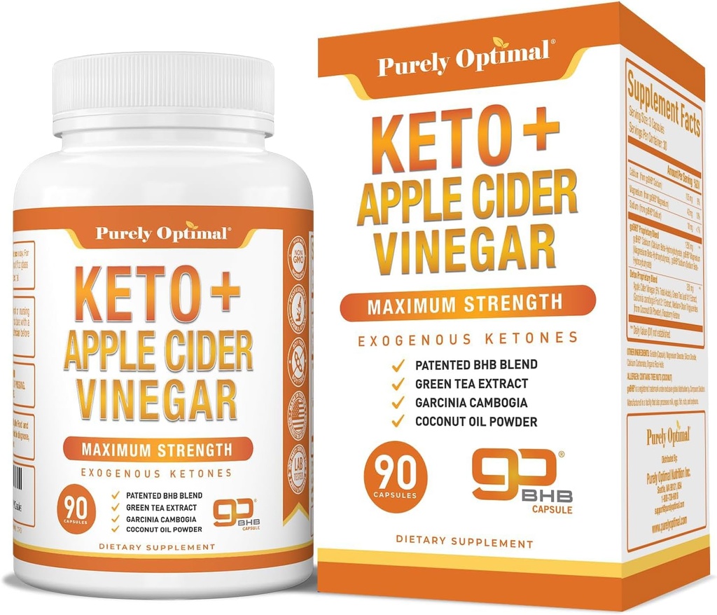 Purely Optimal Keto BHB & Apple Cider Vinegar Капсули - Екзогенетичні кетони добавки з матір'ю для підтримки кетозу, Здоровий спосіб життя і благополуччя - 90 капсули