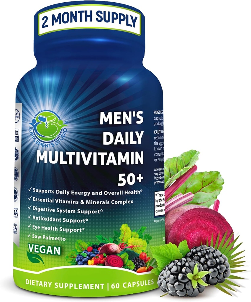 Miesten päivittäinen monivitamiini 50 Plus - Vegan Methylated Multivitamiini miesten 50 ja yli - Saw Palmetto, Biotin, Organic Superfoods, Lutein - Eye, Energy, Gut, Health Support - Helppo niellä kapselit