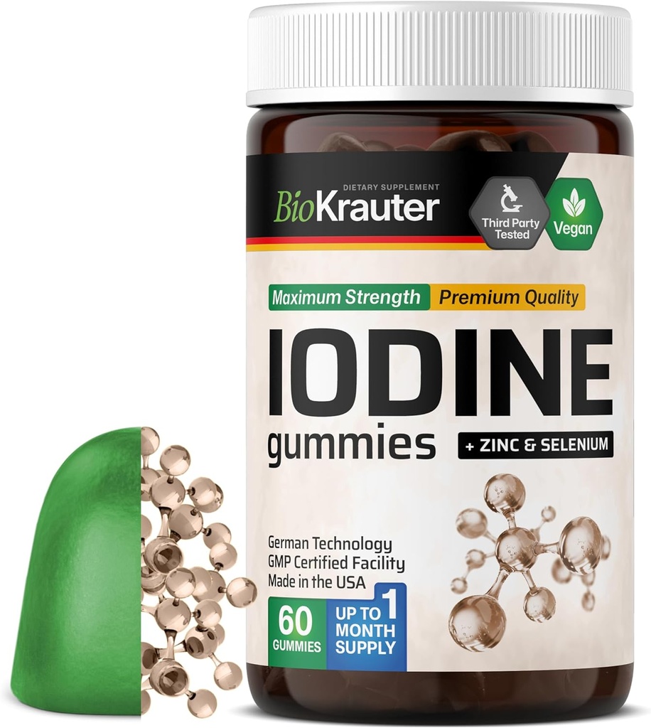 BIO KRAUTER Jodium Gummies - 60 Vegan Kauwen - 250 mcg Kalium Jodide - Jodium Supplement met Selenium Zink - Apple Flavor, Pectin-Based Kauwen