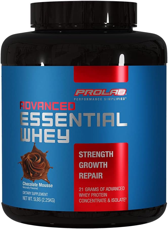 ProLab Advanced Essential Whey Protein Powder, 21g Protein, Whey Concentrate & Isolate Blend with BCAAs & Digestive Enzymes for Muscle Support & Recovery (Chocolate Mousse, 5 LB)