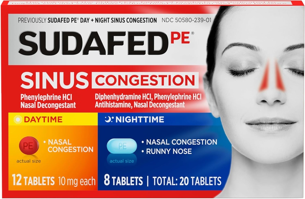 Sudafed PE Synus Congestation Day + Night Maximum Strength Decongestant & Antihistamine Tablets with Phenylephrin HCl & Diphenhydramine HCl, Helps Nasal & Sinus Pressure & Congestion, 20 ct