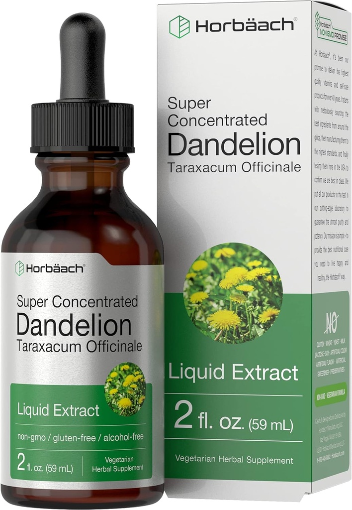 Horbäach Dandelion Root Extract Supplement 2 fl ун унція супер концентрований спирт вільний рідкий Tincture Вегетаріанський, Non-GMO, клейковини безкоштовно